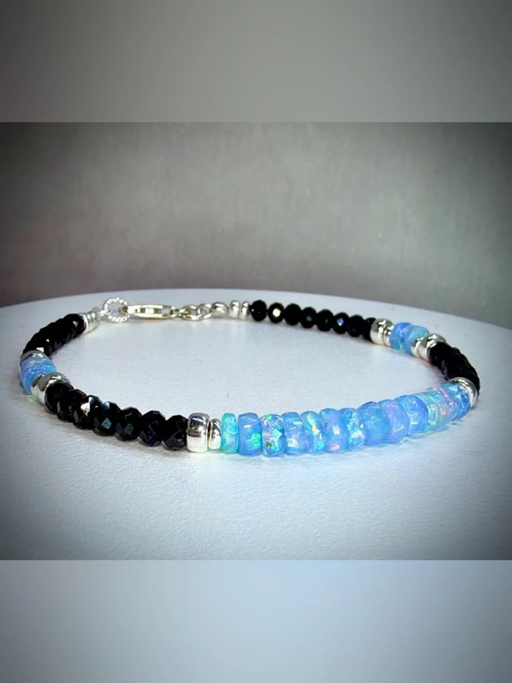 Ethiopian Opal Black Spinel Gemstone Bracelet in Sterling Silver - Picture 5 of 6